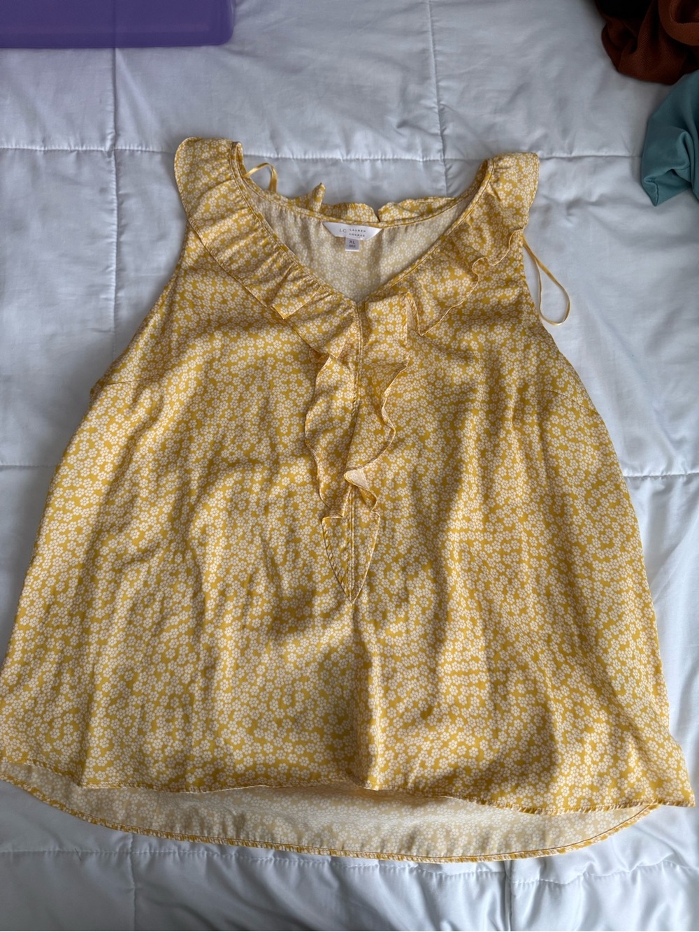 LC Lauren Conrad Yellow Floral V-Neck Ruffle Top